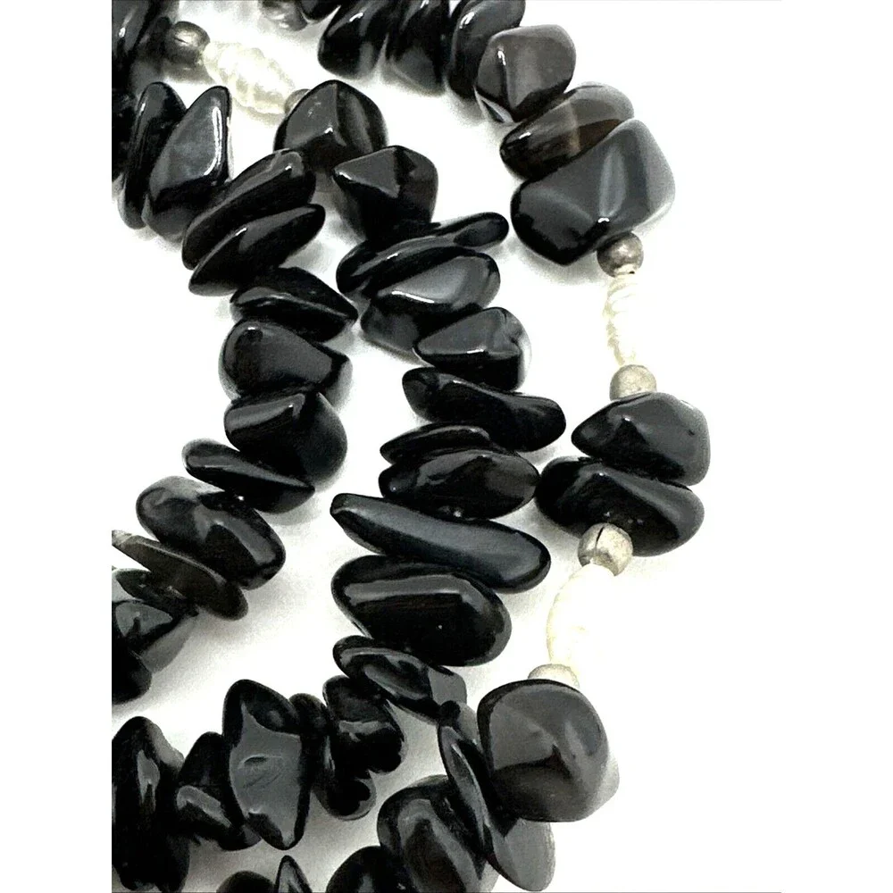 Vintage Black Onyx Quartz Bead Necklace Faux Pearl 925 Sterling Silver Clasp 19